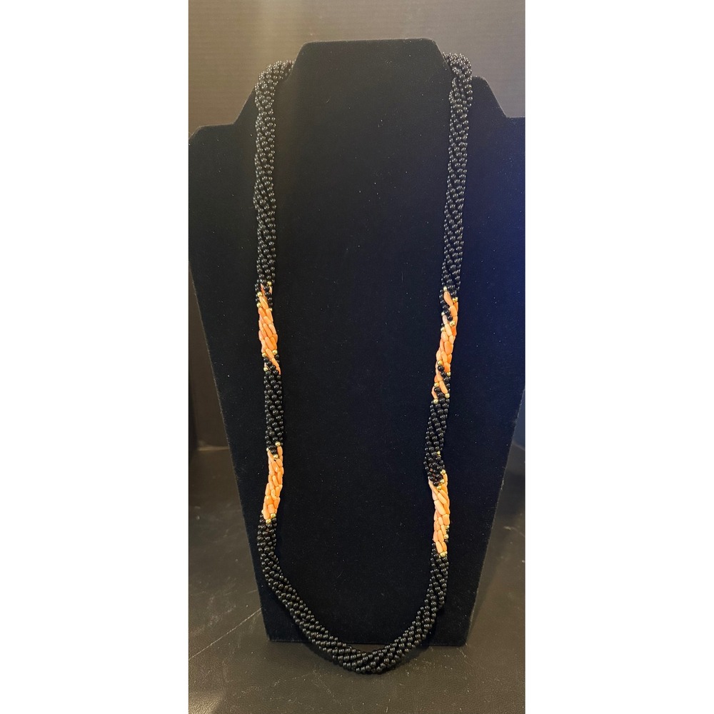 Handmade Necklace 29.5" Long Beaded Seed Beads Black Coral Whimsigoth Cocktailā